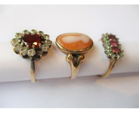 Two 9ct gold dress rings together with a Victorian gold shell cameo ring 