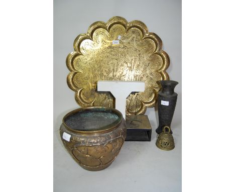 Shaped brass engraved tray decorated with Asian figures, gilded oriental jardiniere decorated with birds, pair of modern scal