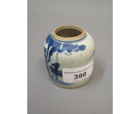 Small Chinese porcelain brush pot, blue and white decorated with figures and a deer in a landscape, signed with a seal mark t