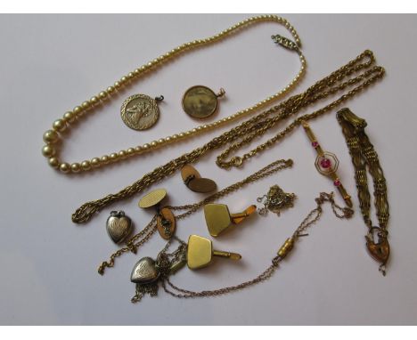 Two fine 9ct gold chains (at fault), 9ct gold mounted portrait locket, gold plated gate link bracelet, pink tourmaline set ba