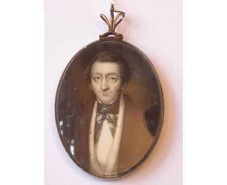 19th Century oval miniature portrait painting of a gentleman, with memorial hair back 