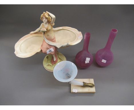 Two pink spiral twist glass vases, a glass and gilt metal epergne, together with a Royal Dux style figural centre piece (at f