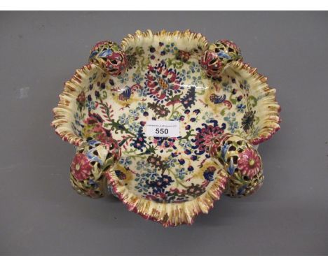 Jane Fischer, Zsolnay, Budapest, floral decorated bowl with gilded and pierced decoration, 3.75ins high, 9ins diameter 
