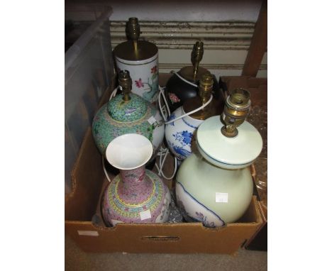 Chinese baluster form enamel decorated vase with panels of figures (drilled to base) and five various porcelain lamp bases 