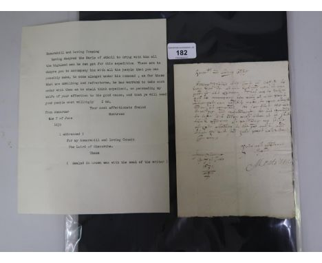 An autograph letter signed by James Graham Montrose, one of the great military heroes of Scottish history, on a single sheet 