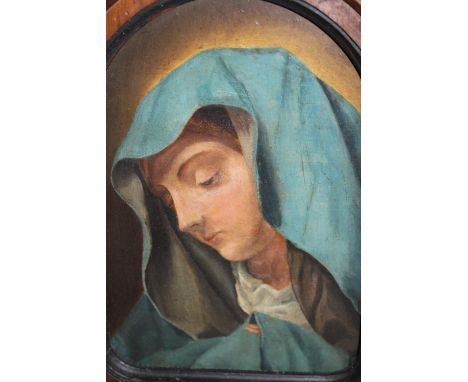 Oil on panel, head and shoulder portrait of the Madonna, housed in an architectural frame 