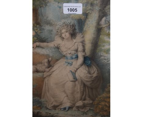 19th Century French coloured print, young lady holding a book beneath a tree in a white dress, by R. Cosway, gilt framed, 11.