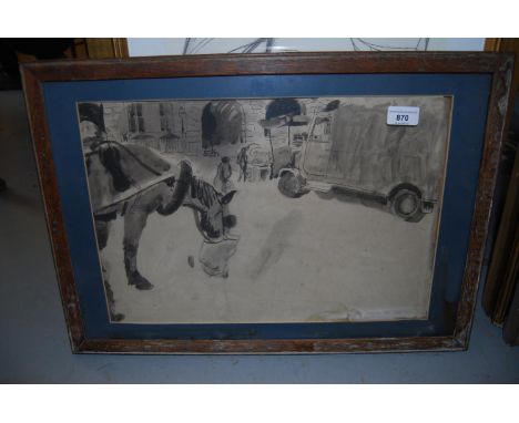 James Lowson, mid 20th Century monochrome watercolour, Covent Garden with horse feeding, figures and a lorry, signed and date