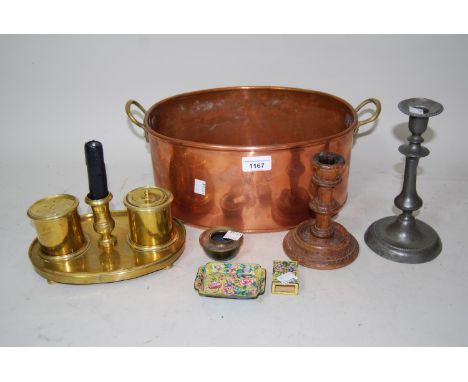 19th Century brass inkstand together with an oval copper cooking pan with brass handles, a pewter candlestick, wooden and pot