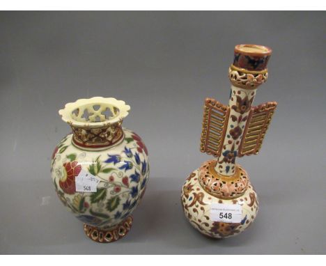 Two Zsolnay floral decorated vases with pierced and gilded decoration, 10ins high and 7.5ins highSmaller vase has restored pi