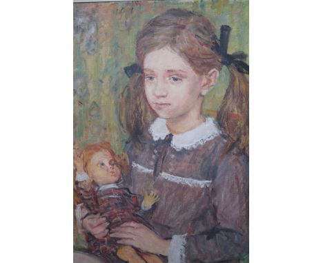 Rupert Shephard, oil on canvas, portrait of a girl holding a doll (Sabine Durrant), signed and dated 1970, 23.5ins x 17.5ins,