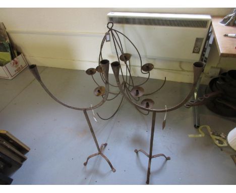Pair of two branch metal candlesticks, 35ins high and another modern candlestick 