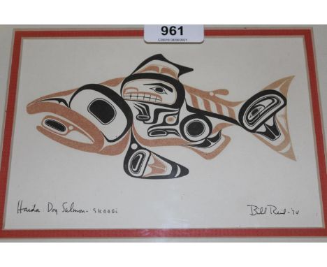 Bill Reid, artist signed lithograph, Haida Dog Salmon, 4.75ins x 7ins, framed 