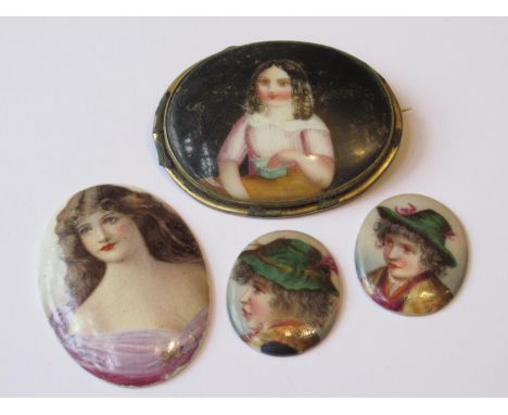 Gilt metal and Continental porcelain brooch set with a portrait of a girl, together with a pair of similar Continental porcel
