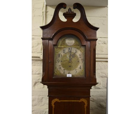 Early 20th Century mahogany and inlaid longcase regulator clock, the broken arch hood above an inlaid flush panel door with p