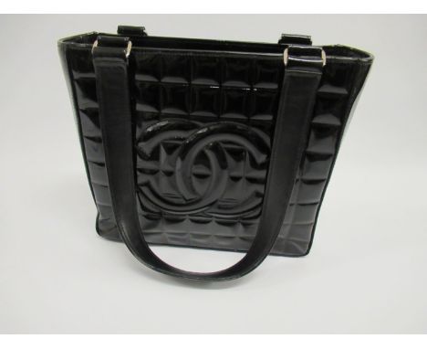 Chanel black patent leather Choco Bar CC tote bag, measures 21cm x 24cm x 8cmThis was purchased from Chanel and is genuine. (