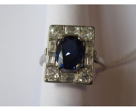 Large Art Deco style rectangular simulated sapphire and diamond dress ring 