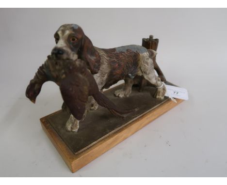 1920's Austrian cold painted spelter table lamp in the form of a gun dog and pheasant 