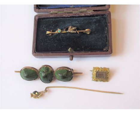 Small 9ct gold turquoise and pearl set bar brooch, stick pin set with a lantern charm, small 19th Century mourning brooch and