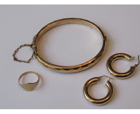 9ct Gold bangle, 9ct gold signet ring and a pair of 9ct gold hoop earrings14.5g 