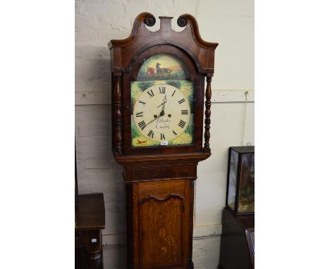 George III oak mahogany banded and shell inlaid longcase clock, the arched hood with swan neck pediment above panel door flan