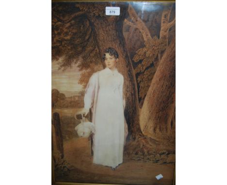 19th Century English school, watercolour portrait of a girl beneath a tree in a landscape, unsigned (faded), in a period gilt