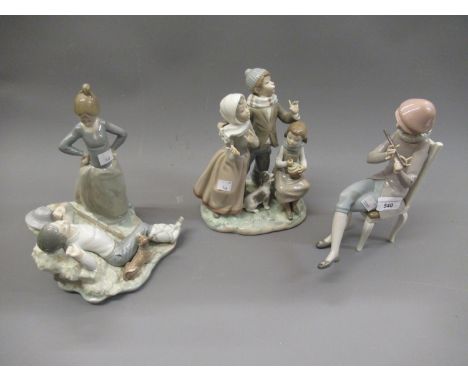 Lladro group of a boy and a girl with their dog, 10ins high together with a Lladro figure of a seated boy playing a flute, 9.
