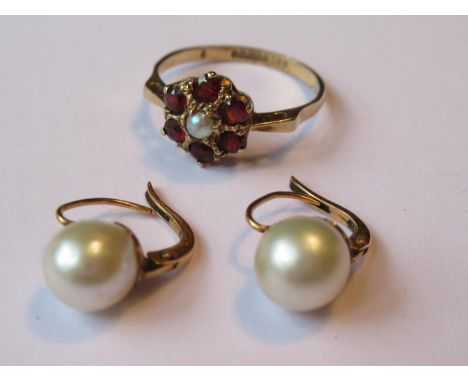 9ct Gold garnet and cultured pearl cluster dress ring together with a pair of cultured pearl ear clips 