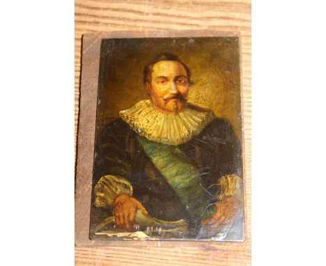 Small 18th Century oil on copper panel, half length portrait of a gentleman with ruff collar and cuffs, housed in a rectangul