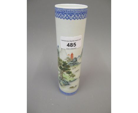 Chinese Republic cylindrical porcelain vase painted with a river landscape, signed with seal mark to base, 7.5ins highGood co