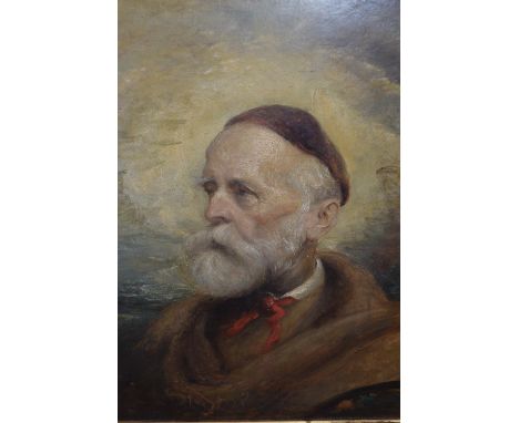 Late 19th/early 20th Century oil on card, head and shoulder portrait of an artist, signed indistinctly, 13.5ins x 11.5ins, gi