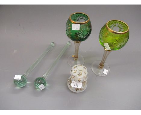 19th Century Bohemian opaque glass and floral painted perfume bottle (at fault) together with two green and gilt glass Bohemi