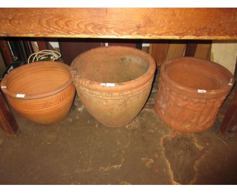 Terracotta garden planter decorated with various classical figures, another terracotta planter with Key pattern decoration an