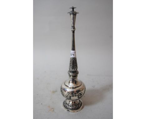 Continental white metal floral engraved pedestal sander / sprinkler, the top mounted with a figure of a bird, marked HJ94, 13