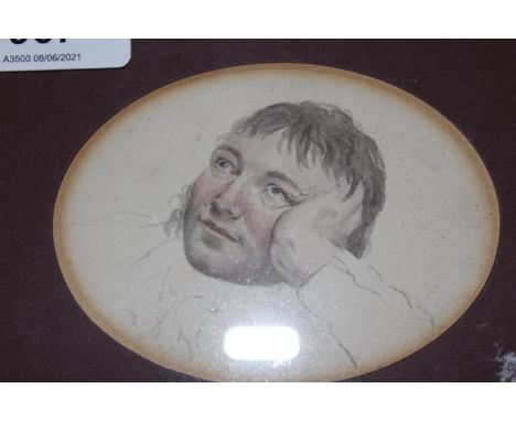 Small oval mounted watercolour and pencil study, portrait of a man in thought, 3.5ins x 2.75ins, gilt framed 