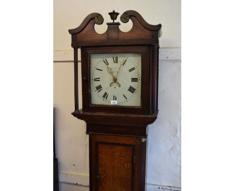 Early 19th Century oak and mahogany crossbanded longcase clock, the square hood with swan neck pediment above a rectangular p