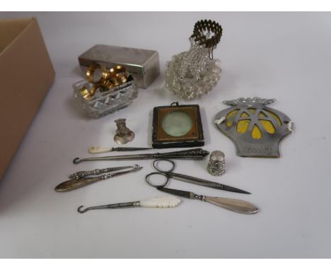 Three various button hooks, steel scissors, thimble, cut glass beadwork evening purse, Daguerrotype, AA badge and miscellaneo