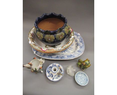 19th Century Davenport pottery wash basin, blue and white transfer printed meat dish, Royal Doulton jardiniere (at fault) and