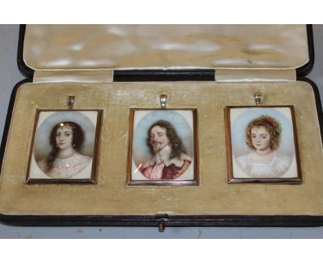 Group of three fine quality 19th Century watercolour portrait miniatures of King Charles I, Queen Henrietta Maria and their d