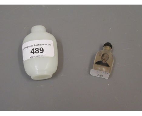 Miniature Chinese glass snuff bottle internally decorated with a portrait of a man together with another Chinese opaque glass