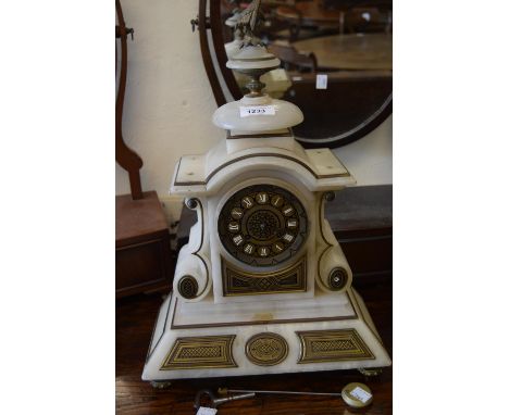 19th Century French alabaster and brass mounted mantel clock, the brass dial with Roman numerals, the two train movement stri