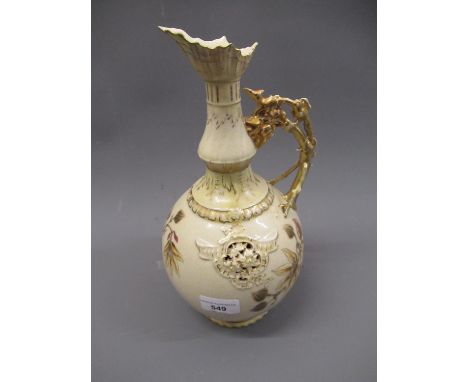 Zsolnay baluster form jug vase with naturalistic gilded handle and floral decoration, 12ins highRestored spout and handle gla