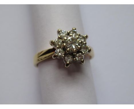 18ct Yellow gold nine stone brilliant cut diamond cluster ring 