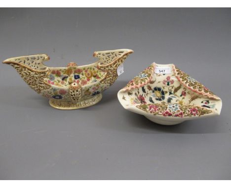 Two Zsolnay floral decorated and gilded open dishes with pierced decoration, 10ins wide and 8ins wide 