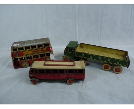 Burnett Ltd of London Tin Plate National Bus, Betal tin plate clockwork general transport double decker bus advertising Palm 