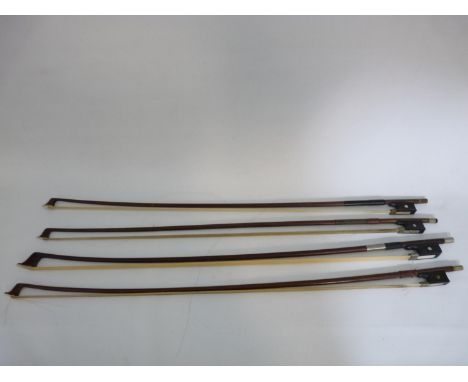 4 Vintage 19thC and later Violin Bows with mother of Pearl inlay 