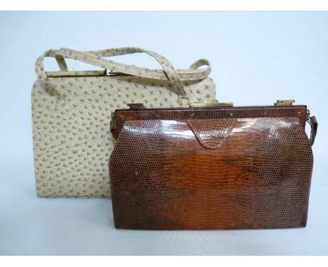Vintage Crocodile Skin Beige Hand bag and and a 1950s Snake skin Hand bag with brass fittings 