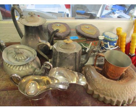 A mixed lot of silver plate together with a Huntley &amp; Palmer biscuit tin, scales and other items 