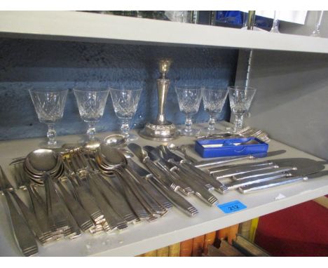 A mixed lot to include Elkington cutlery, silver plated candlestick and Stuart glassware 