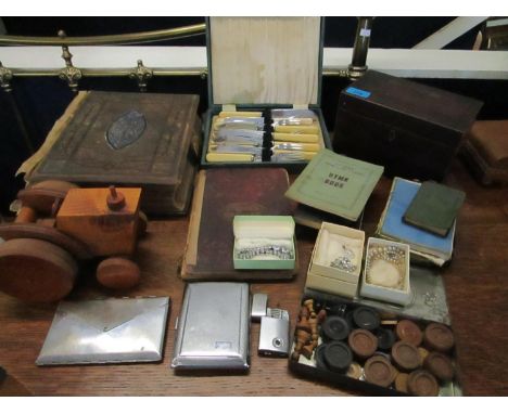 A mixed lot to include a family bible, prayer and hymn books, a 19th century mahogany box, a wooden model of a steam engine, 